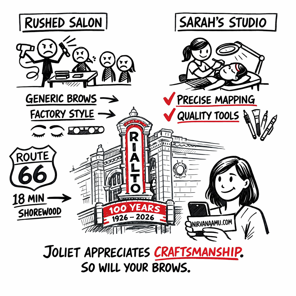 Joliet microblading illustration connecting Rialto Square Theatre craftsmanship values to specialist brow artistry
