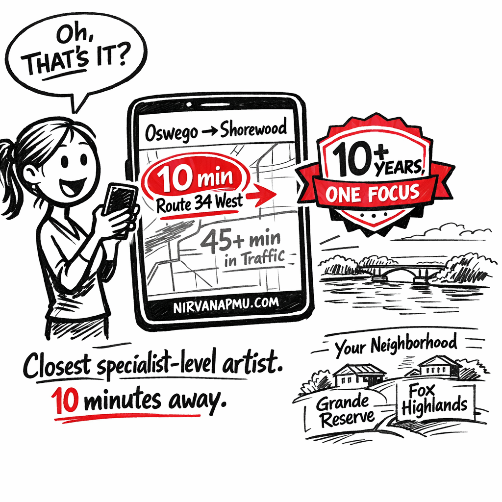 Oswego microblading proximity illustration showing 10-minute Route 34 access to specialist versus distant generic options