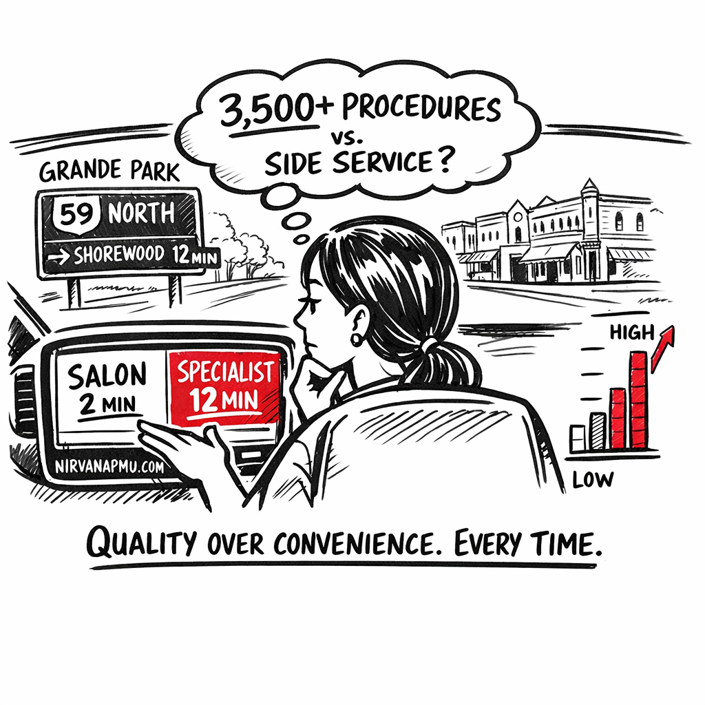 Plainfield resident decision illustration showing value of 12-minute drive to specialist over convenient generic salon